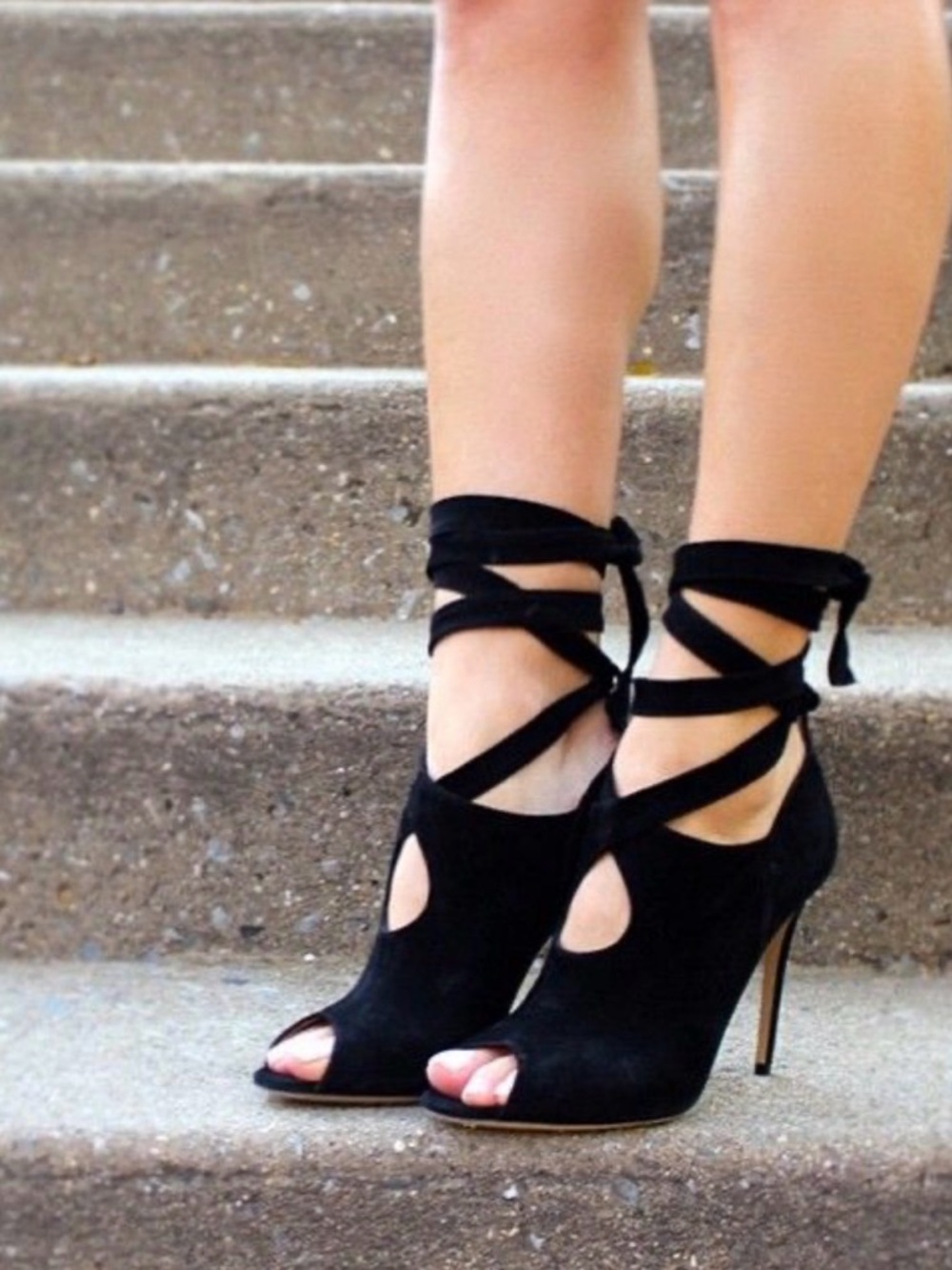 Paul Andrew Black Suede Peep-Toe Lace-Up Heels